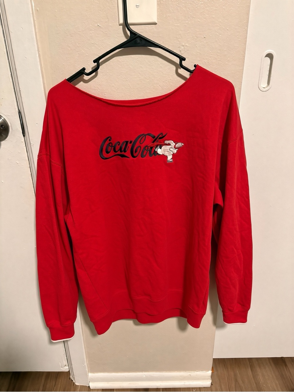 Coca Cola Red Off-the-Shoulder Sweatshirt with Logo